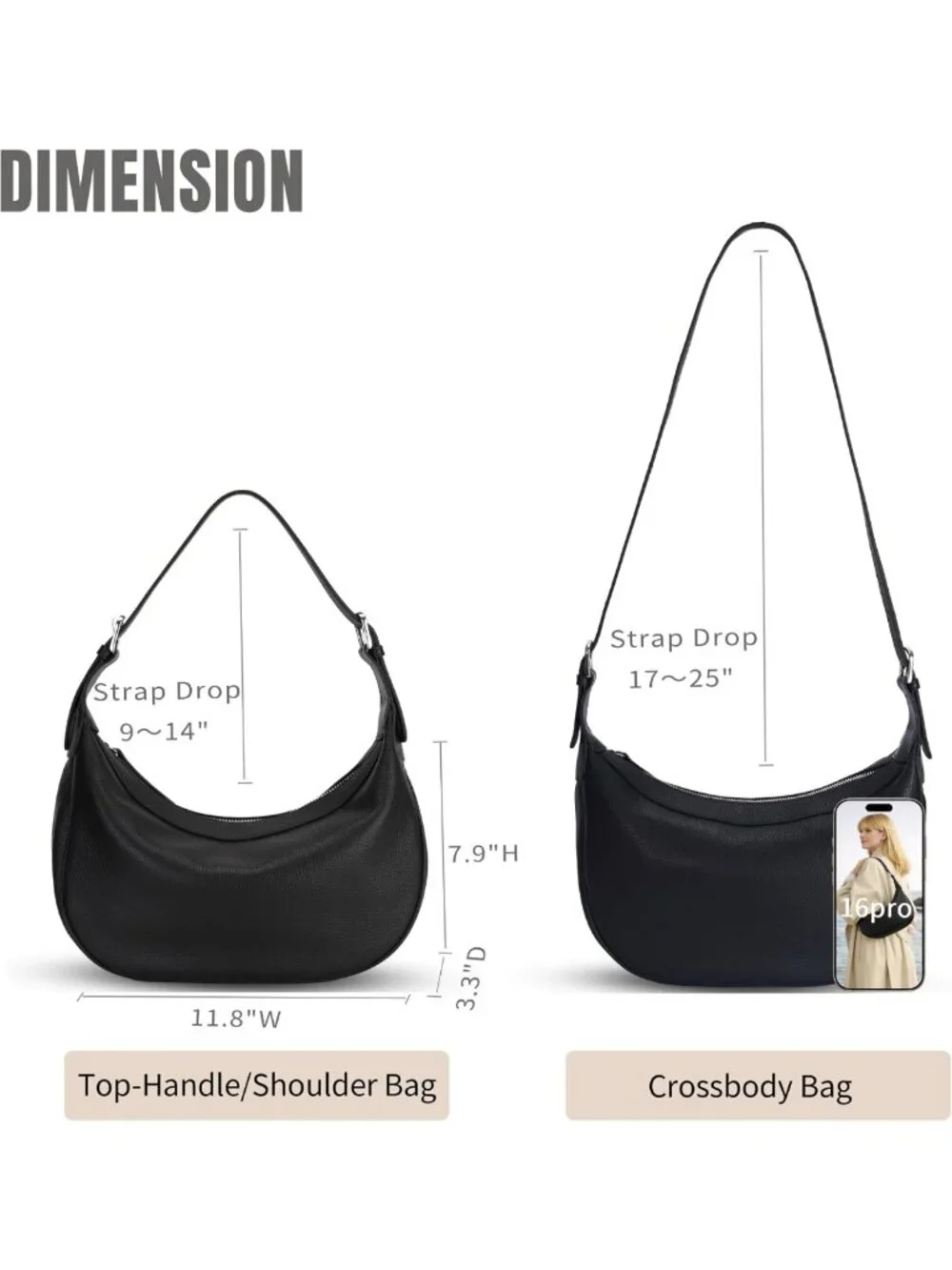 Stylish Genuine Leather Hobo Crossbody Bag for Women, Adjustable Straps